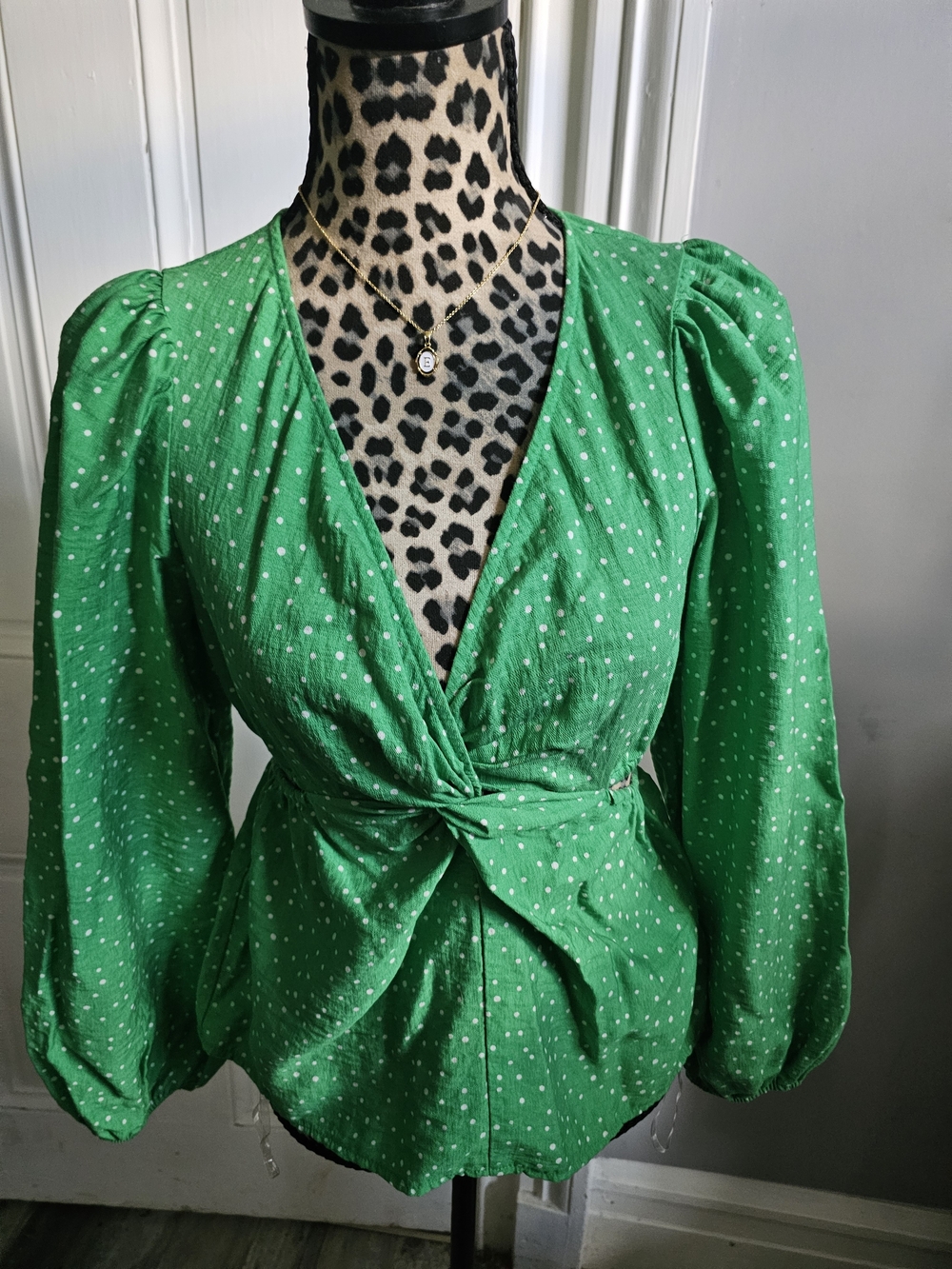a new day Green Polka Dot Twist-Front Blouse